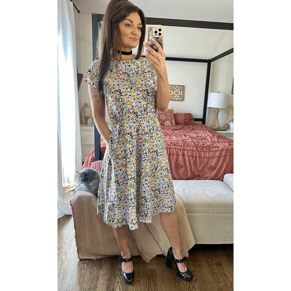 60’s Expertly Handmade Black Floral Handmade Dress Pockets Elastic Waist - Picture 7 of 8